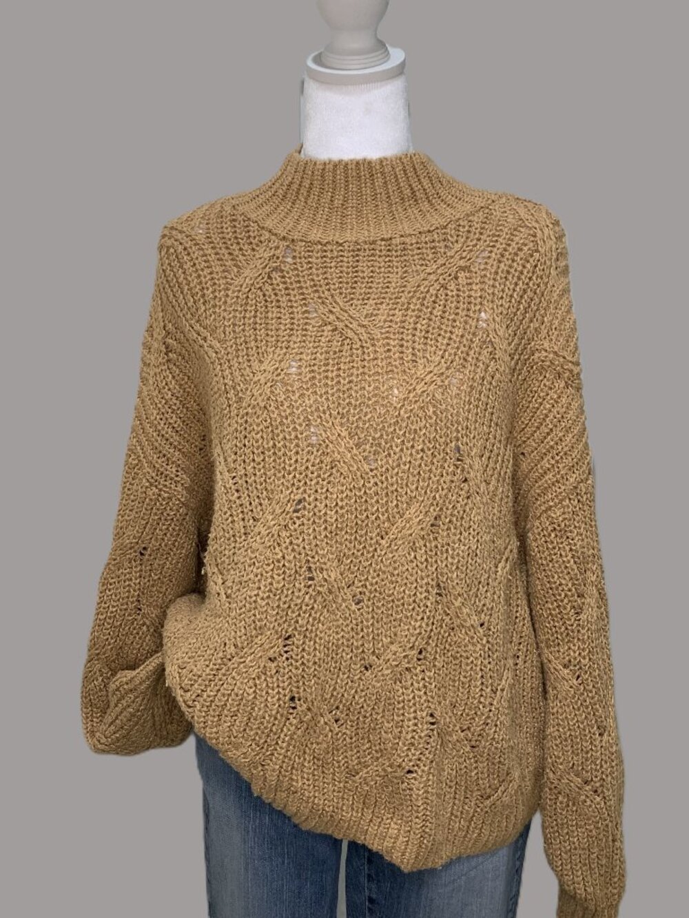 American Eagle Cable‑Knit Mock‑Neck Sweater Tan Oversized Women Size L